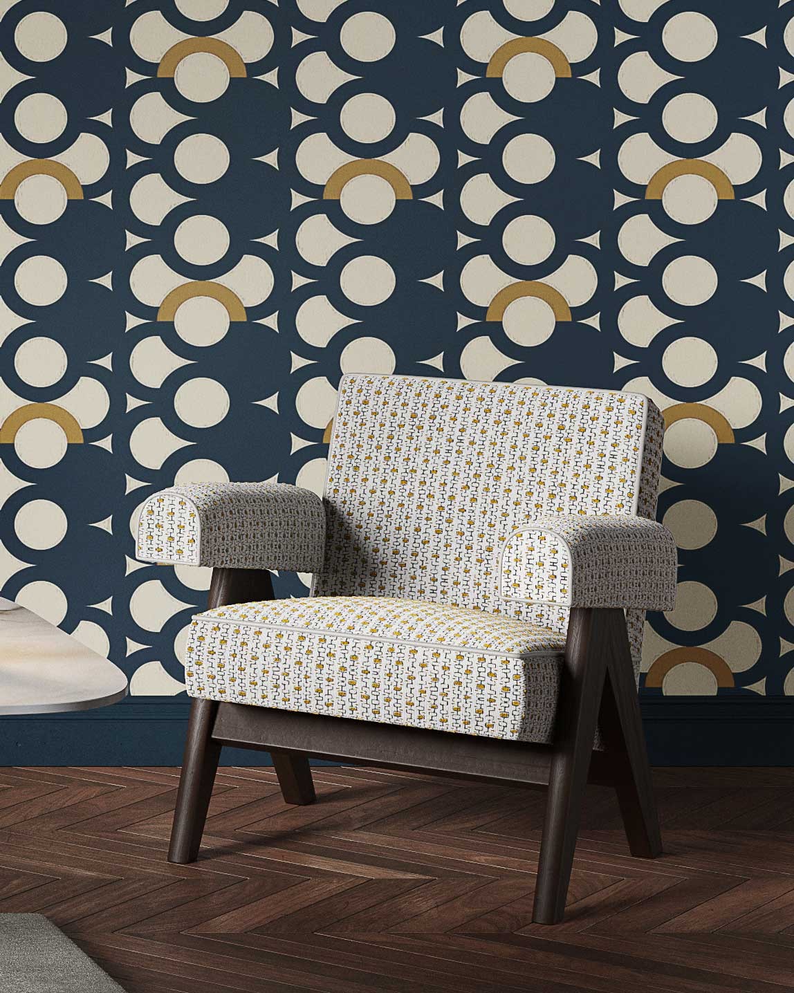 Fauteuil Sandy, Maison Leuleu tissu Odorico col.  Moutarde