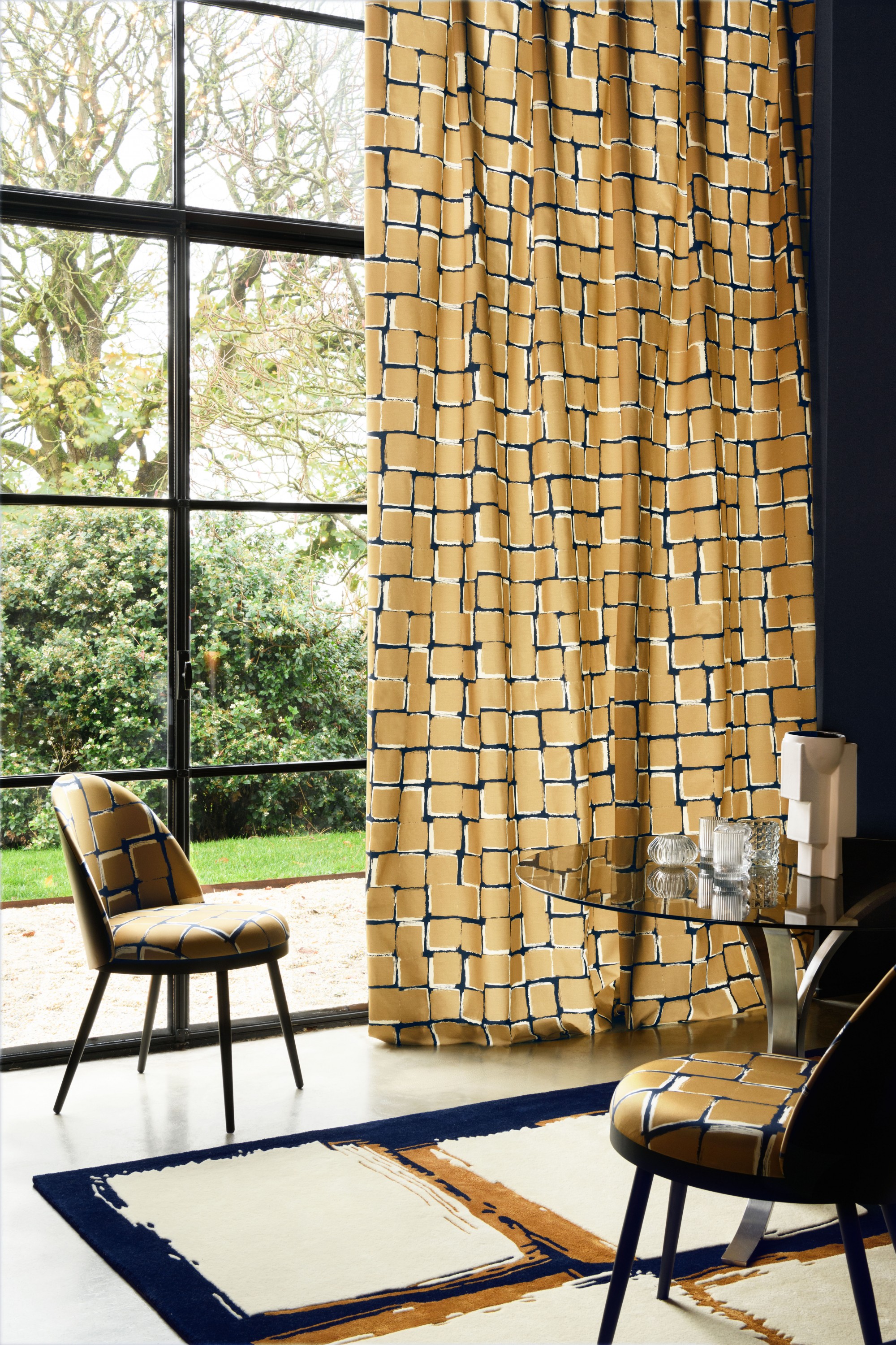 Curtain fabric Palettes, color: Camel. Rug Brush. Chairs Lill Reslstub.