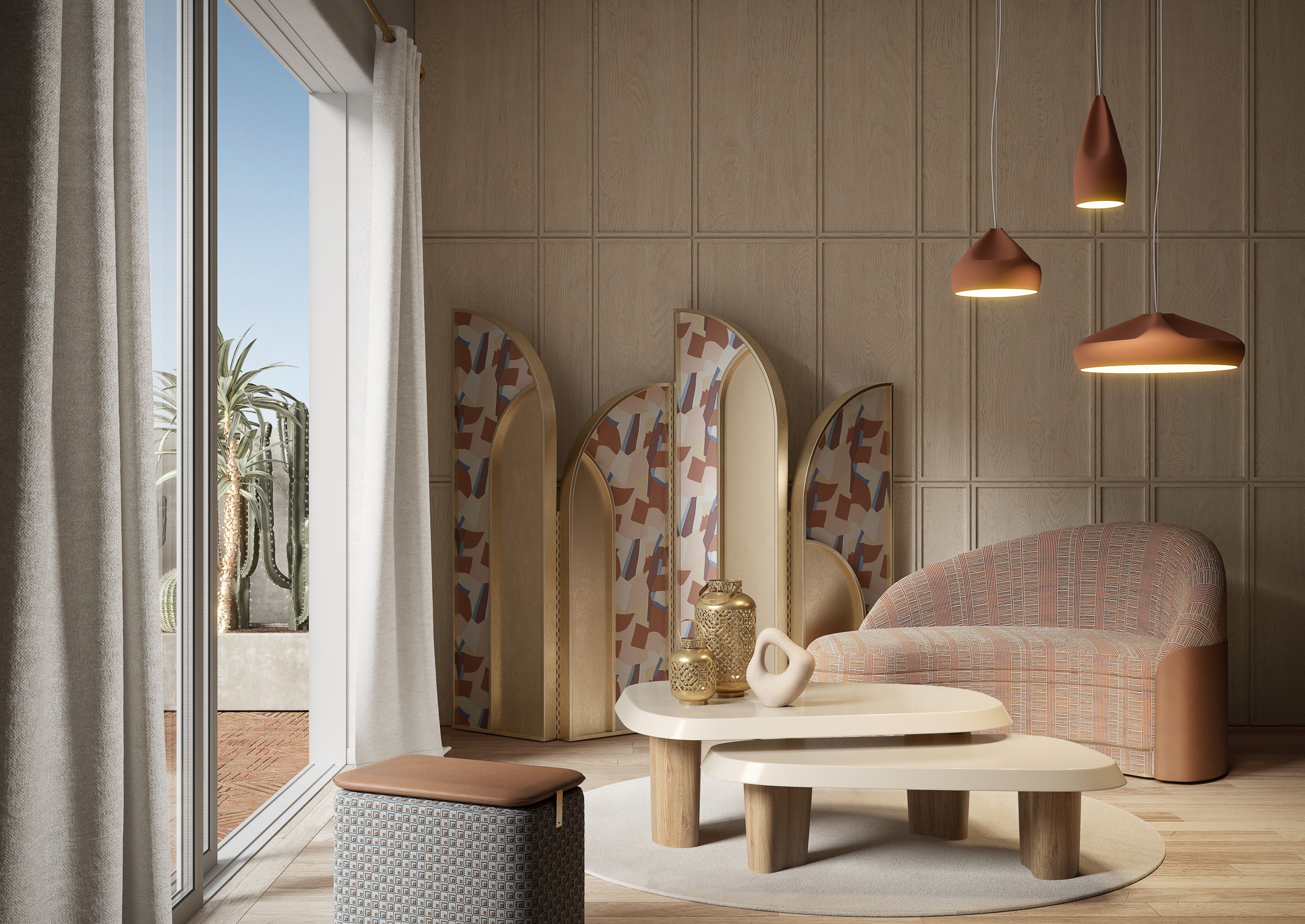 Canapé «Blanc manteaux S» Red Edition, tissu Sillons col. Terracotta, Paravent «Mogador» Red Edition, tissu Héritage col. Terracotta, Pouf «Montpensier» Red Edition, tissu Nomade col. Gris Bleu.