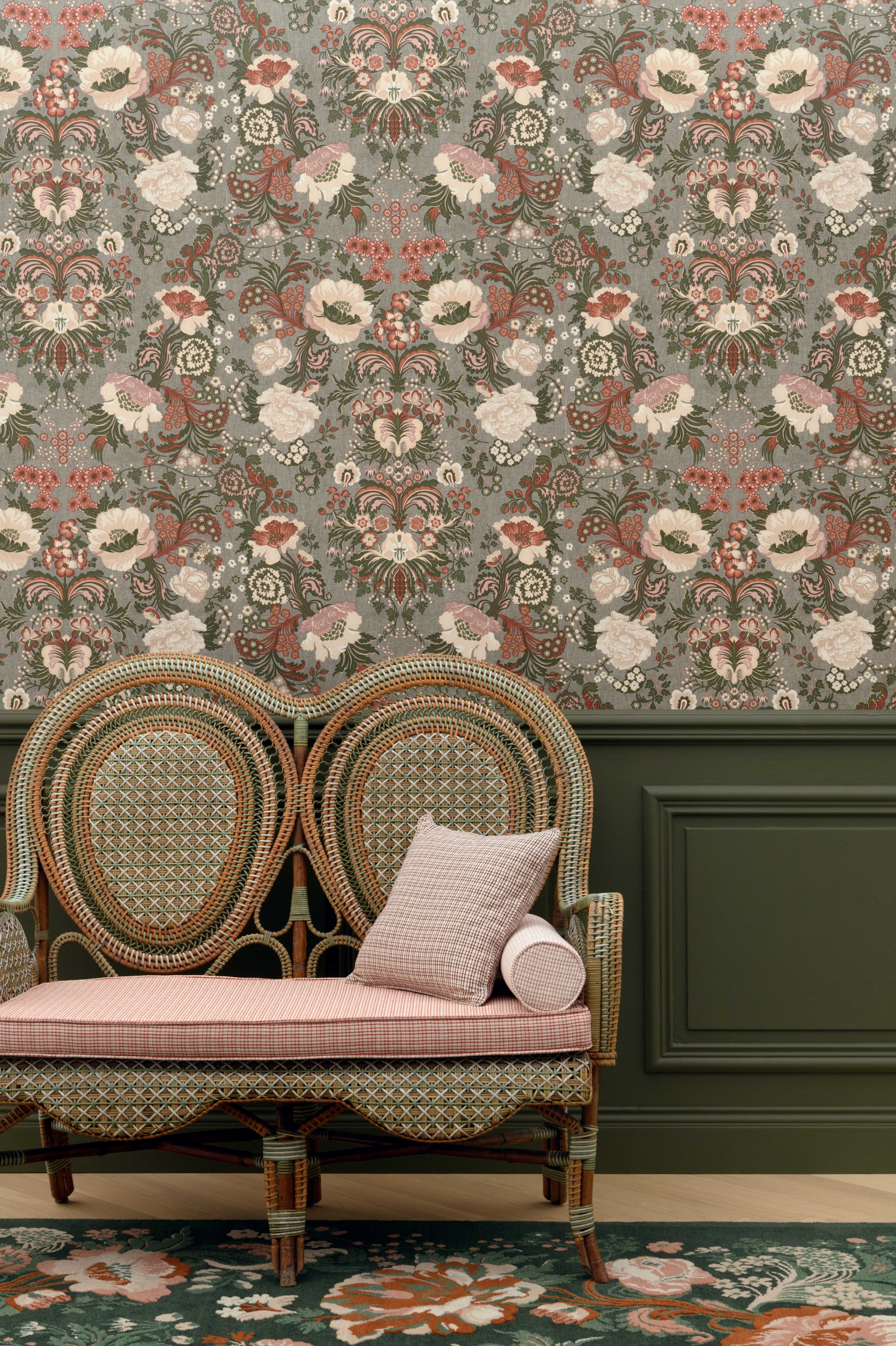 Papier peint Éloge 6490, col. Printemps. Banquette Galerie Vauclair.